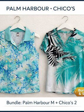 Palm Harbour Sea Life Top & Chico’s Tropical Leaf Top Bundle - Size Medium